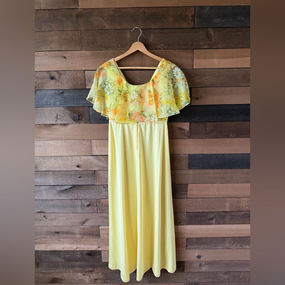 Vintage Yellow Floral Chiffon Maxi Dress 70s Prairie Garden Party - Picture 6 of 14